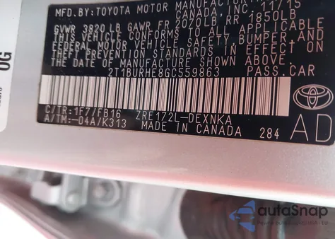 2016 Toyota Corolla Le из США, поврежденный, VIN 2T1BURHE8GC559863